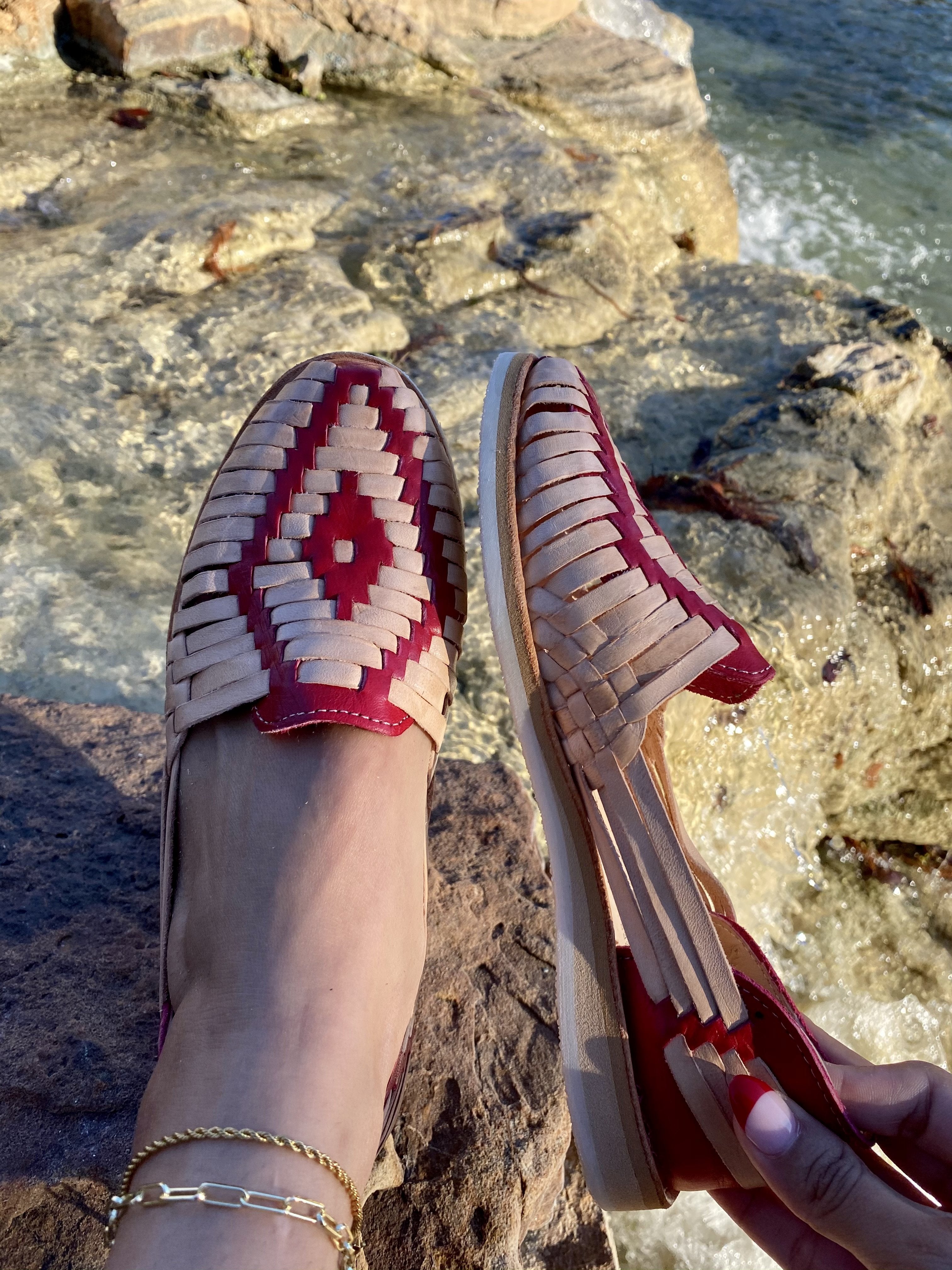 red and white huaraches womens