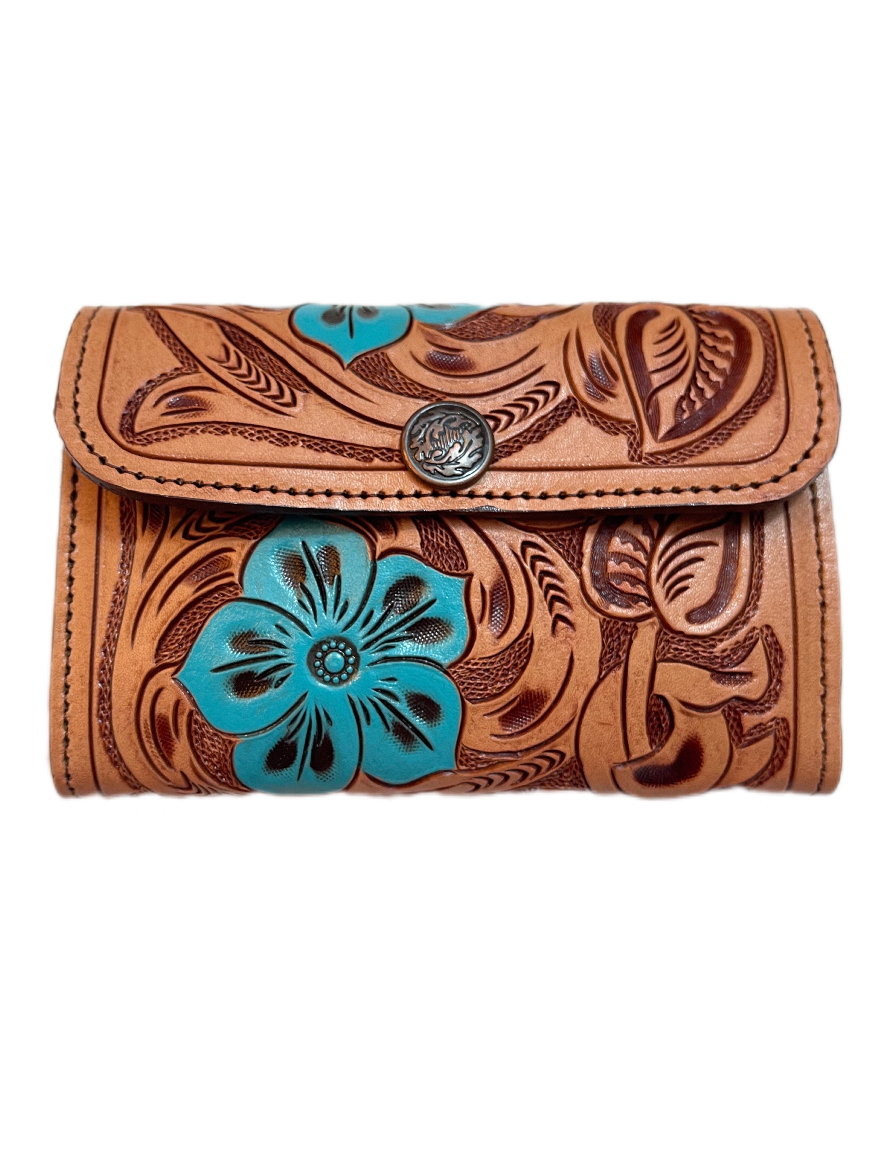 FLORAL WALLET - TAN & TURQUOISE BLUE